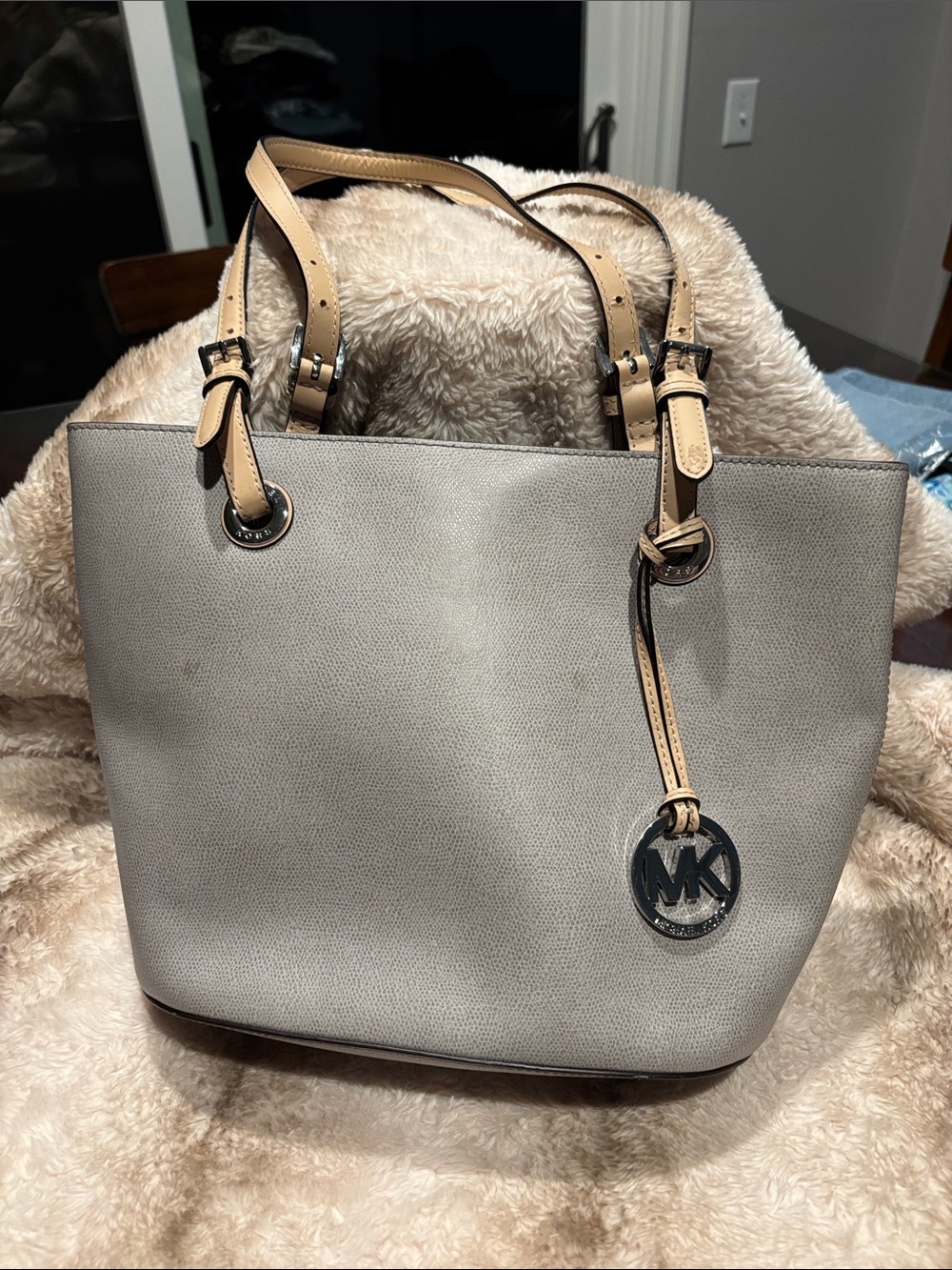 Michael Kors Gray Tote with Tan Straps